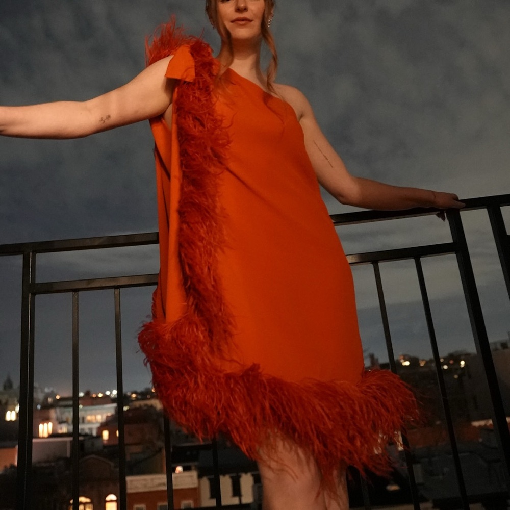 Cult Gaia Myrtle Dress in Rouge with feather trim